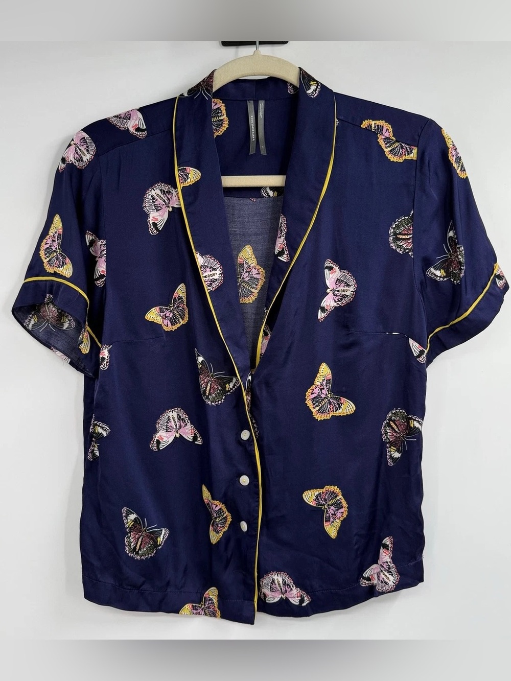 Anthropologie LyreBird silky short-sleeve pajama top Butterfly-Print Button Sh